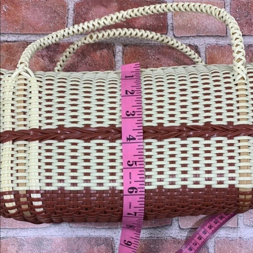 Elegant Cream and Brown Woven Tote with Curved Handles